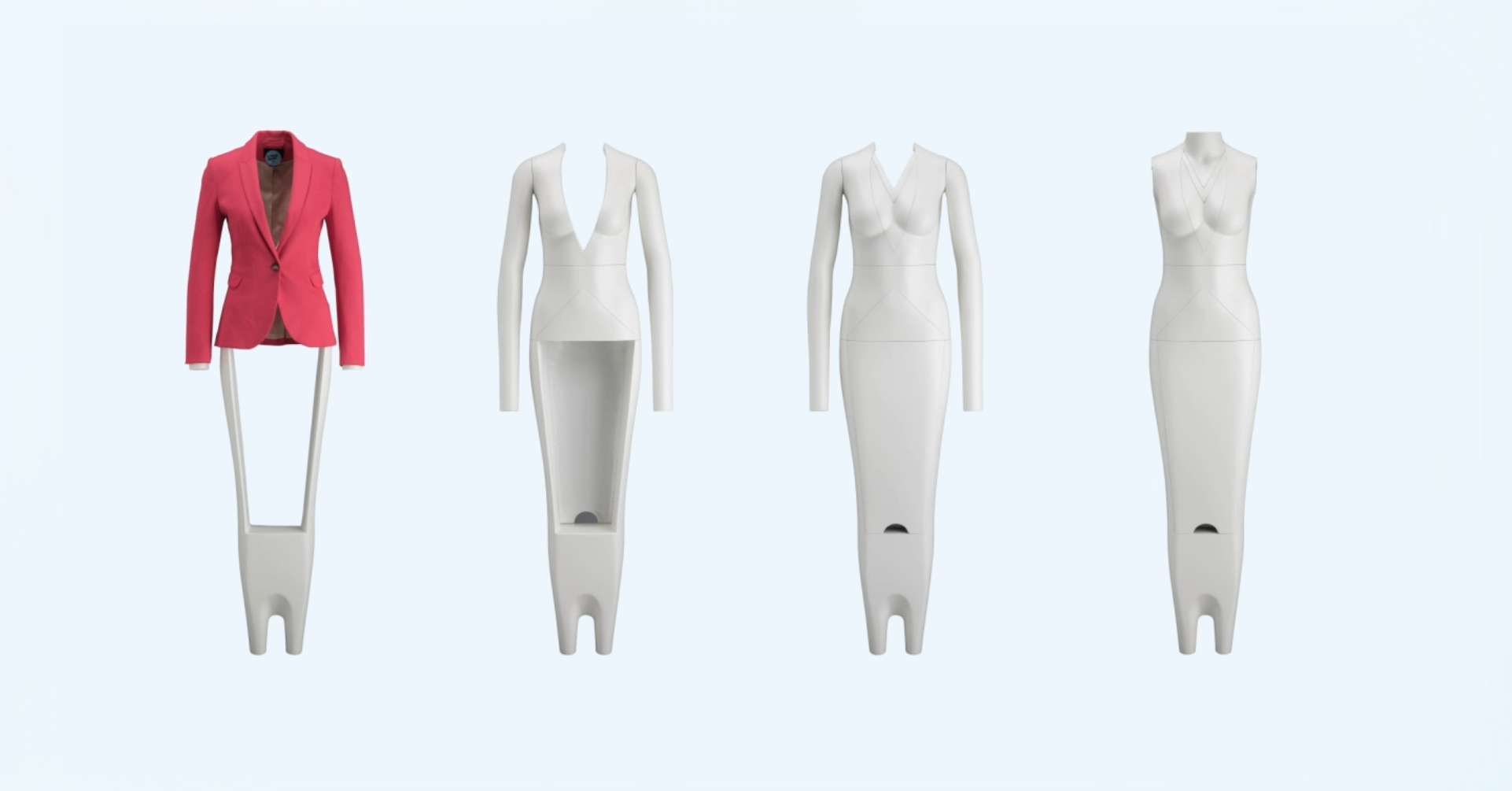 Modular female ghost mannequin with detachable arms and magnetic connections in 4 different states